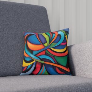 Cushion with swirling colorful geometric patterns on a gray sofa.