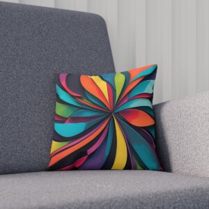 Colorful geometric pattern cushion on a gray couch.