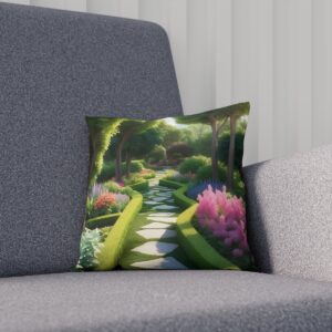 Cushion featuring a garden path with blooming flowers on a sofa.