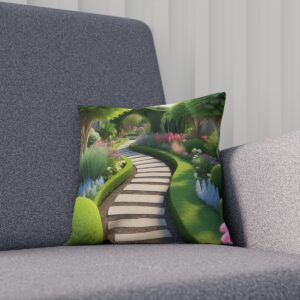 Cushion with a shaded garden path and lush plants on a gray couch.