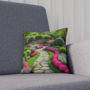 Cushion with a vibrant garden path design on a gray sofa.