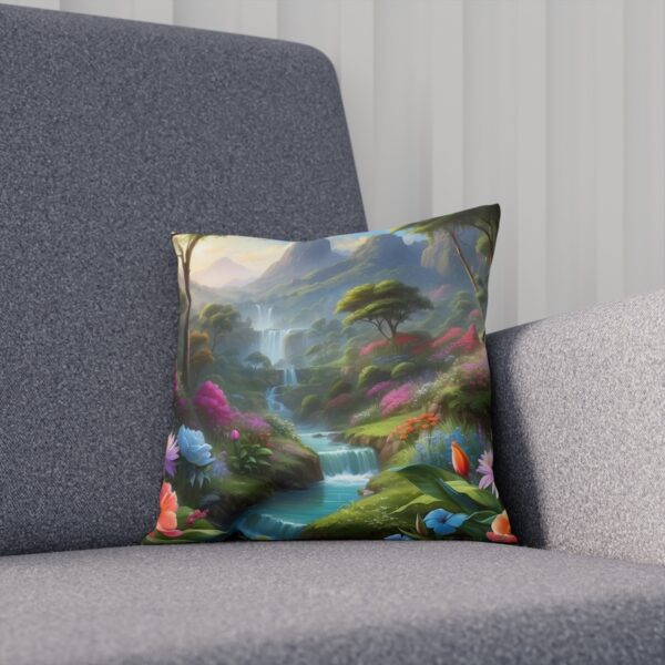 Mystical river scene cushion with lush flora and vibrant colors on sofa