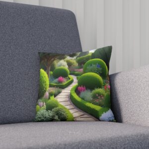 Cushion with sculpted garden pathway design on a grey sofa.