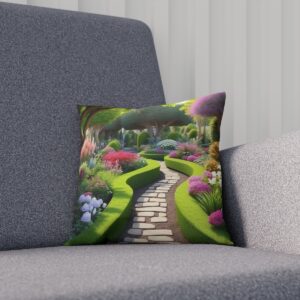 Cushion displaying a winding garden path among vibrant flowers on a couch.