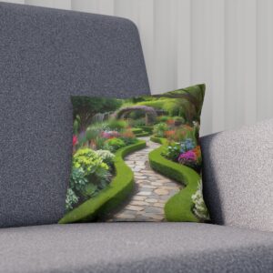 Decorative cushion featuring a stone garden path with lush greenery on a sofa.