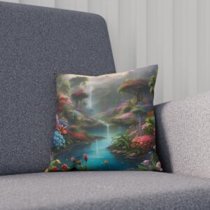 Cushion with idyllic waterfall landscape and lush tropical flowers on sofa