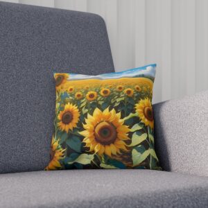 Cushion with bright sunflower field design against a blue sky on a couch.