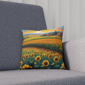 Cushion featuring a sunflower field landscape at dusk on a grey sofa.