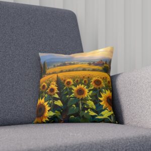 Cushion with sunflower field and sunset print on a sofa.