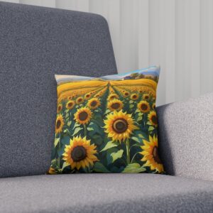 Cushion adorned with sunflower field design on a grey couch.