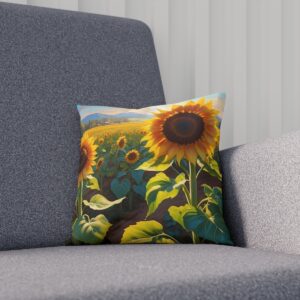 Decorative cushion with close-up sunflower print on a grey sofa.