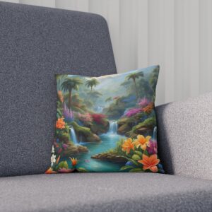 Tropical paradise cushion with waterfalls and vibrant flora on grey sofa