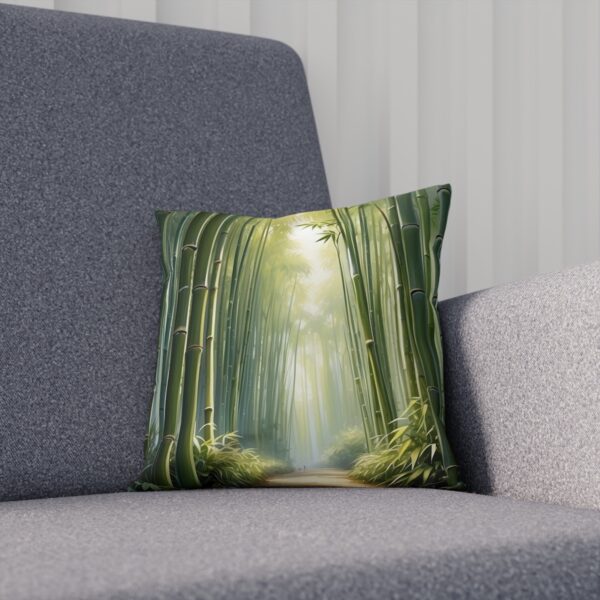 Cushion with lush bamboo forest and sunlight motif on a couch.