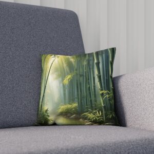 Cushion with bamboo and sunlight design on a sofa.