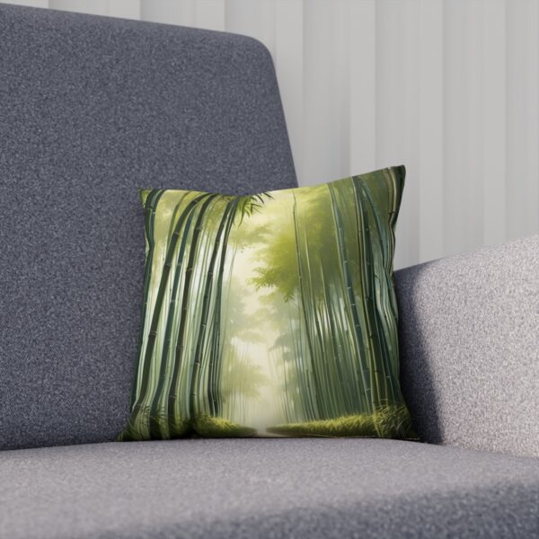 Cushion with bamboo forest and light rays design on a sofa.