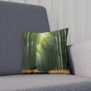 Green bamboo cushion with sunbeams filtering through on a couch.