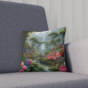 Magical garden scene with waterfalls and exotic flowers on cushion on sofa