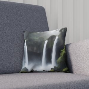 Decorative cushion featuring a grayscale waterfall design on a couch.