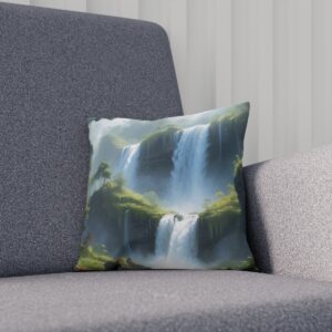 Cushion with vibrant waterfall print on a dark sofa.