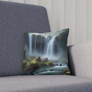 Cushion with misty waterfall print on a gray sofa.