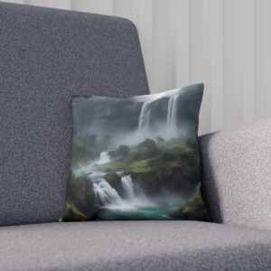 Decorative cushion with a serene misty waterfall scene on a dark gray couch