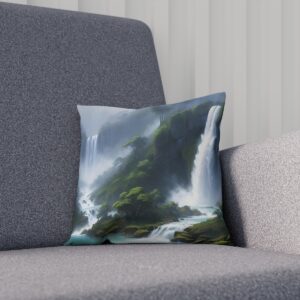 Cushion with a dramatic misty waterfall and lush greenery print on a gray sofa