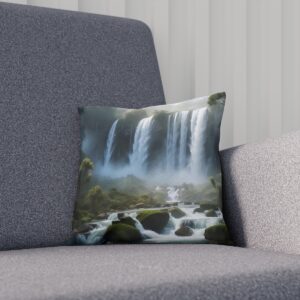 Cushion with misty waterfall print on a gray sofa