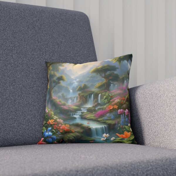 Cushion depicting a serene waterfall in a lush, colorful fantasy garden on sofa