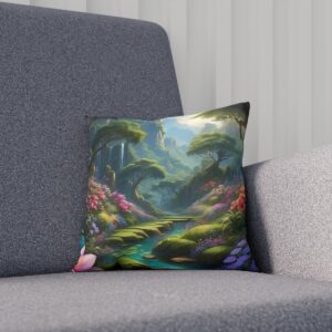 Mystical forest cushion with vibrant flora by a serene pond on sofa