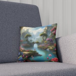 Fantasy landscape cushion with a waterfall and lush flora on grey sofa