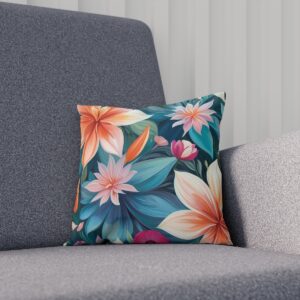 Abstract floral cushion with bright flowers on teal background on sofa