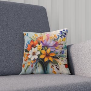 Colorful floral cushion with a variety of blossoms on a pastel backdrop on sofa