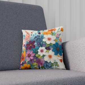 Cushion with vibrant multi-colored floral pattern on grey sofa