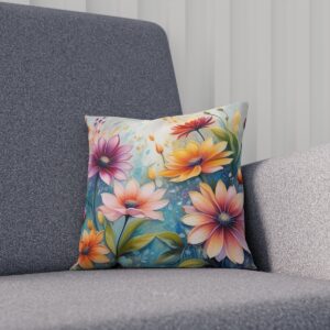 Cushion with pastel-hued flowers on a soft blue background on sofa