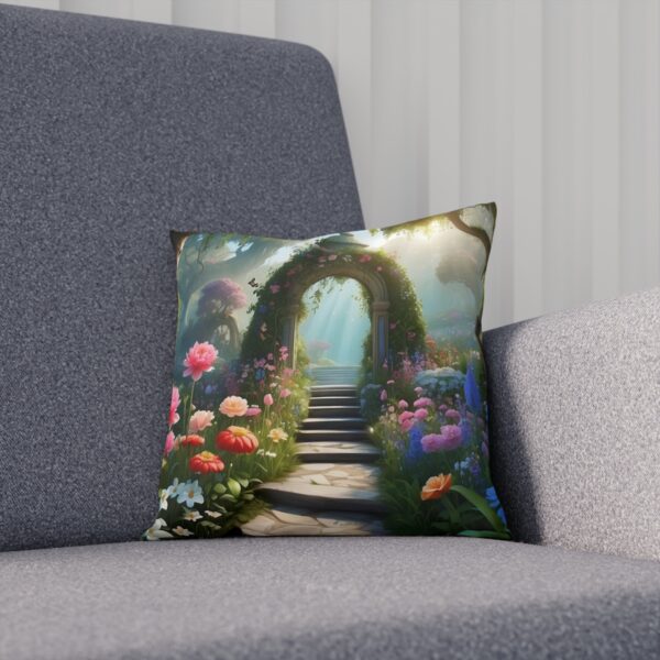 Enchanted floral archway garden path cushion on grey sofa