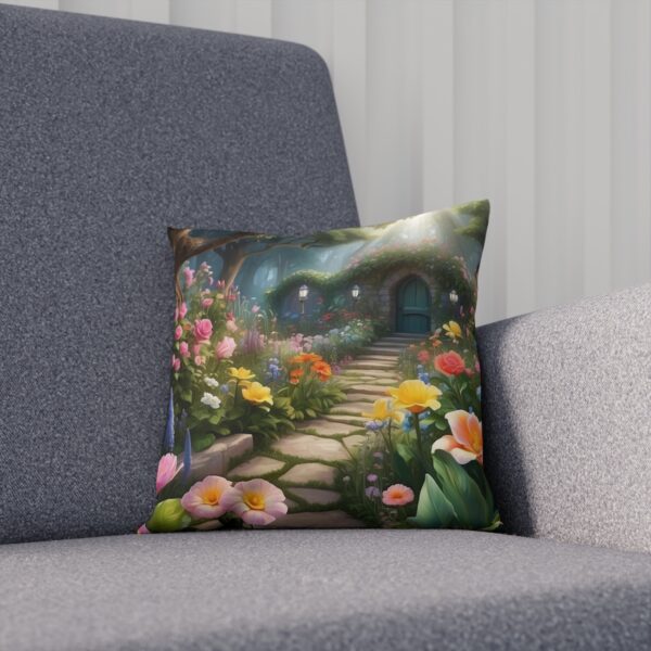 Enchanted garden cushion with cobblestone path and vibrant flowers on sofa