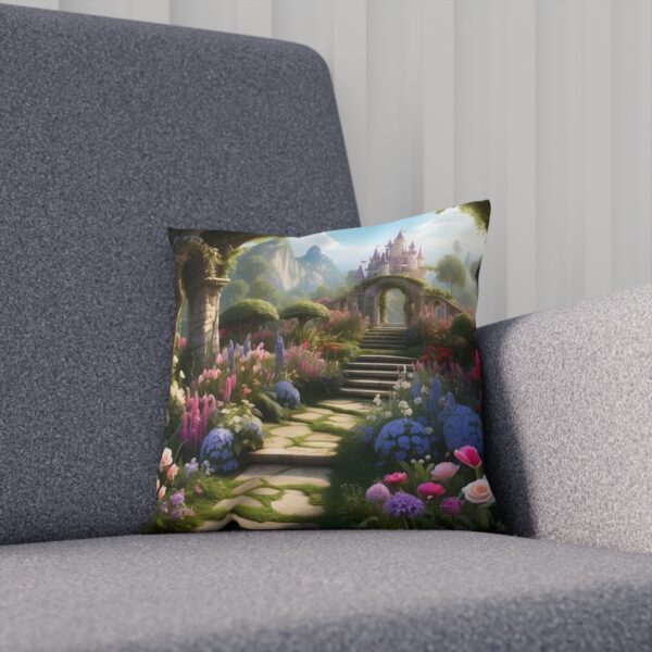 Cushion with a garden path leading to an archway amid blooming flowers on sofa