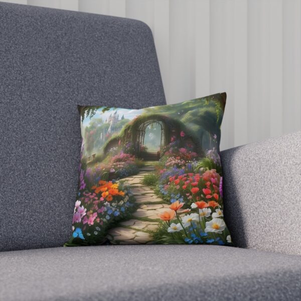 Cushion with a stone path through a vibrant enchanted garden on sofa