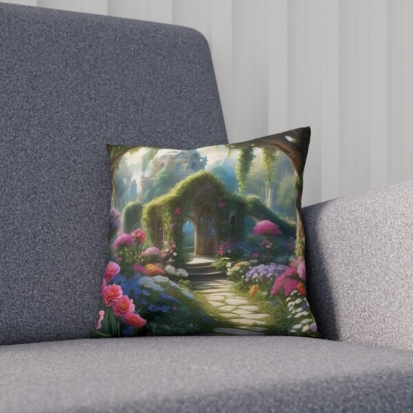 Magical garden path cushion with blooming flowers on sofa