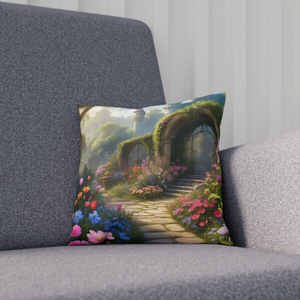 Cushion with enchanted garden doorway and floral path on sofa