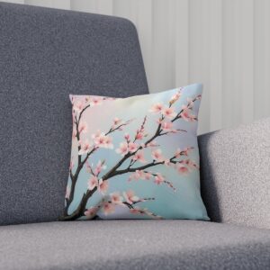 Pink cherry blossom branches on sky blue cushion on sofa