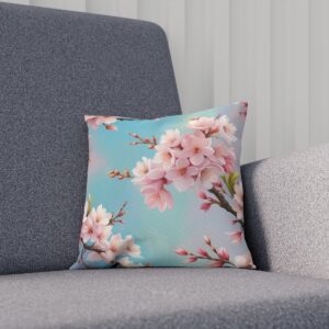 Cushion with blooming cherry blossoms on a light blue background on a sofa