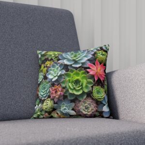 Cushion featuring assorted succulents with pink highlights on sofa