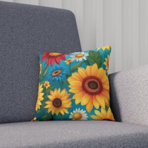 Cushion with sunflower and daisy print on teal background on sofa