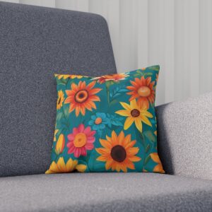 Teal cushion with bright sunflower and daisy print on sofa