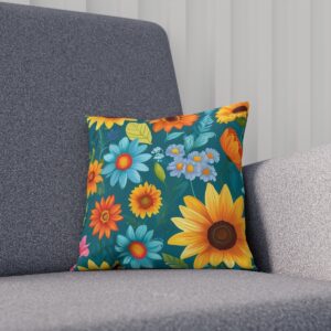 Bright summer flower print cushion on grey sofa