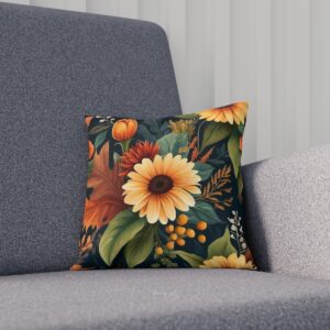 Cushion with vibrant autumn floral design on a grey sofa