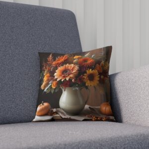 Cushion with a bouquet of autumn flowers in a white vase on a grey sofa