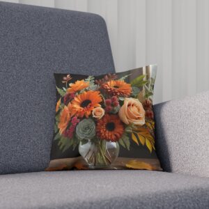 Cushion with colorful autumn bouquet on dark background on sofa