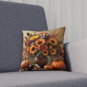 Cushion with autumn bouquet and pumpkins on grey sofa